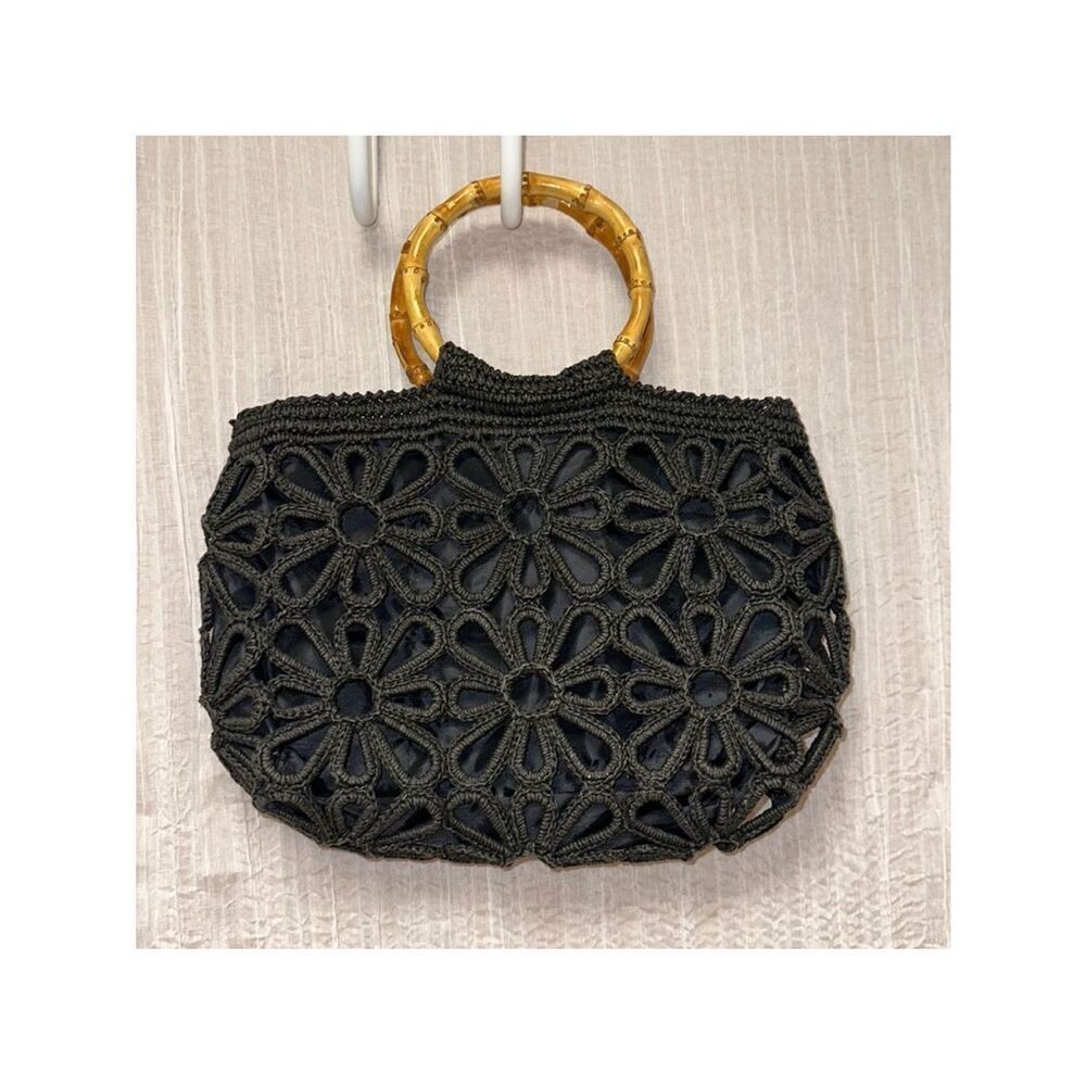 Stunning Black High Quality Macrame Floral Bamboo Handles Bag Purse